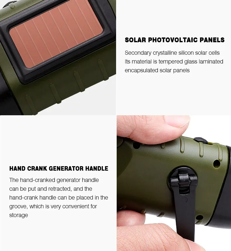 Lampe torche à dynamo et recharge solaire YJ‑D295