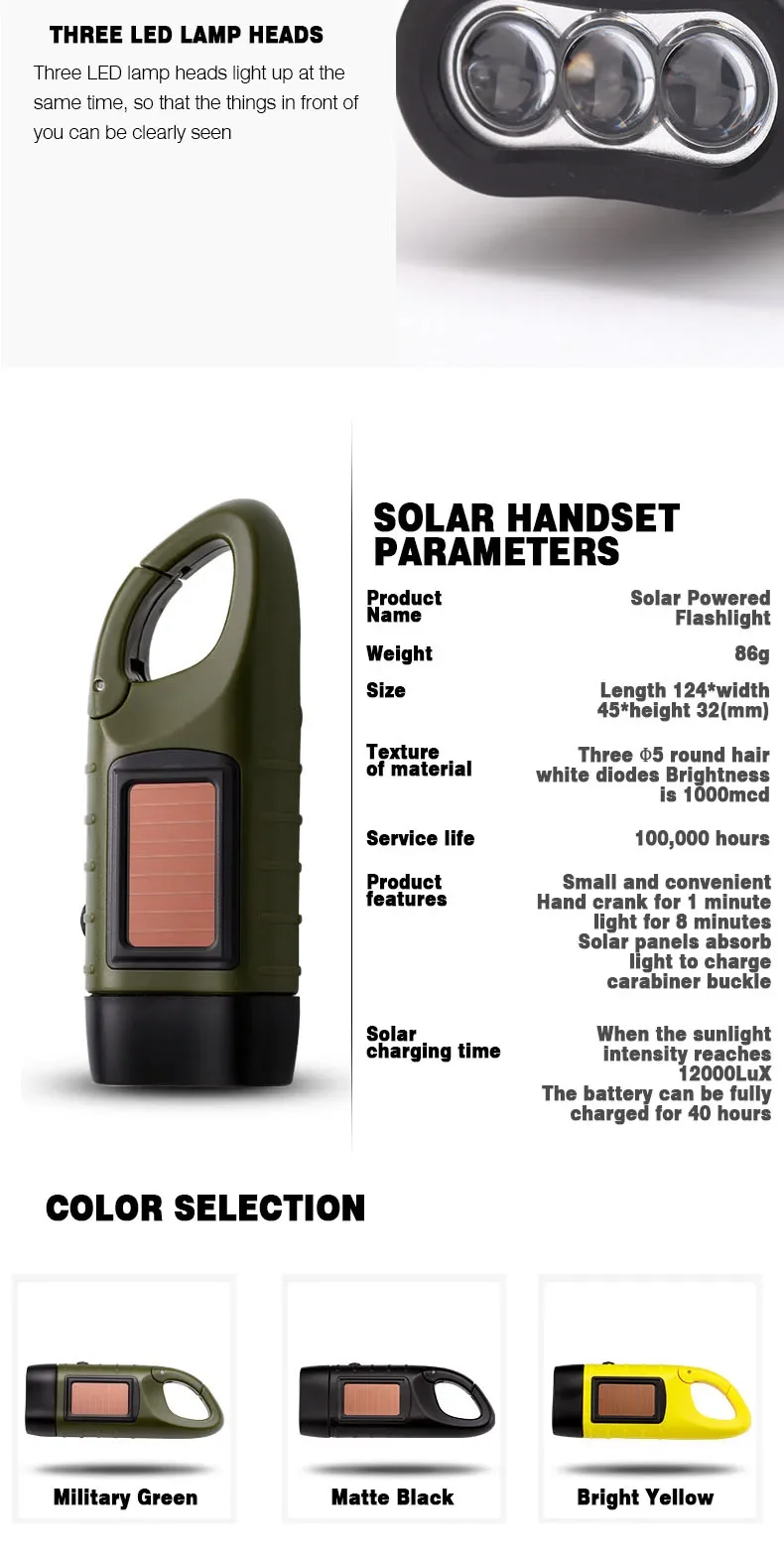 Lampe torche à dynamo et recharge solaire YJ‑D295