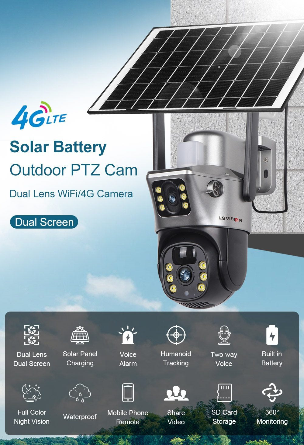 Caméra de Surveillance Solaire 4G PTZ LS VISION